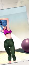 Rule 34 | 1girl, absurdres, arm up, ass, back, ball, black pants, breasts, commentary request, exercise ball, facing away, from behind, highres, hololive, hoshimachi suisei, indoors, long hair, midriff, mirror, pants, pantylines, pukara, purple sports bra, reflection, side ponytail, small breasts, solo, sports bra, sweat, tight clothes, tight pants, virtual youtuber, yoga pants