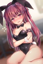 Rule 34 | 1girl, animal ears, bare shoulders, black bow, black bowtie, black leotard, blurry, blush, bow, bowtie, breasts, brown hair, cleavage, crossed arms, depth of field, detached collar, fake animal ears, fishnet pantyhose, fishnets, full-face blush, highres, leotard, long hair, looking at viewer, medium breasts, navy (navy.blue), open mouth, original, pantyhose, playboy bunny, rabbit ears, rabbit tail, red eyes, sitting, solo, strapless, strapless leotard, tail, thighs, wariza, wrist cuffs
