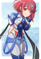 Rule 34 | absurdres, alternate color, black gloves, bob cut, breasts, chest jewel, earrings, fingerless gloves, gem, gloves, headpiece, highres, jewelry, large breasts, nintendo, pantyhose, pantyhose under shorts, pyra (xenoblade), red eyes, red hair, red legwear, red shorts, ryochan96154, short hair, short shorts, shorts, super smash bros., swept bangs, thighhighs, tiara, xenoblade chronicles (series), xenoblade chronicles 2