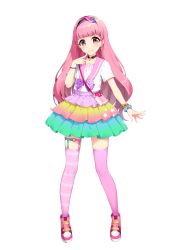 Rule 34 | 1girl, :3, black choker, blush, bon (bonbon315), bow, choker, collarbone, commentary request, copyright request, earrings, full body, green skirt, hairband, hand up, highres, jewelry, long hair, multicolored clothes, multicolored skirt, official art, pink hair, pink skirt, pink thighhighs, polka dot, polka dot bow, red skirt, shirt, shoes, short sleeves, simple background, skindentation, skirt, smile, solo, star (symbol), star print, striped clothes, striped thighhighs, thighhighs, white background, white shirt, yellow skirt