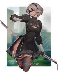 Rule 34 | 1girl, 2b (nier:automata), arm up, black blindfold, black dress, black gloves, black hairband, black thighhighs, blindfold, blurry, blurry background, bob cut, border, breasts, cleavage, cleavage cutout, clothing cutout, cowboy shot, dress, feather-trimmed sleeves, gloves, hair between eyes, hairband, holding, holding sword, holding weapon, inhoso, juliet sleeves, katana, long sleeves, looking to the side, medium breasts, mole, mole under mouth, nier:automata, nier (series), outdoors, puffy sleeves, short hair, side slit, solo, sword, thighhighs, turtleneck, turtleneck dress, two-sided dress, two-sided fabric, watermark, weapon, web address, white hair