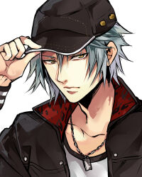 Rule 34 | 1boy, adjusting clothes, adjusting headwear, animal print, baseball cap, black hat, black jacket, chain necklace, commentary request, expressionless, final fantasy, final fantasy vii, final fantasy vii remake, grey hair, hand up, hat, high collar, jacket, jewelry, leopard print, leslie kyle, looking at viewer, male focus, necklace, open clothes, open jacket, pendant, shirt, short hair, simple background, solo, tama (tmfy5), upper body, white background, white shirt, yellow eyes