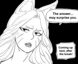 Rule 34 | 1girl, absurdres, animal ears, bb (baalbuddy), black background, commentary, english commentary, english text, facial mark, fox ears, fox news, greyscale, highres, lipstick, looking at viewer, makeup, monochrome, original, parted lips, simple background, solo, sweatdrop, whisker markings