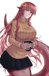Rule 34 | 1girl, absurdres, black skirt, breasts, closed mouth, cup, hair between eyes, hair ornament, hairclip, highres, holding, holding cup, lamia, large breasts, long hair, looking at viewer, miia (monster musume), monster girl, monster musume no iru nichijou, pointy ears, red hair, scales, simple background, skirt, slit pupils, solo, sweater, tail, very long hair, white background, yellow eyes, yellow sweater, zakirsiz