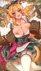 Rule 34 | 1girl, :d, alcohol, animal ears, warrior of light (ff14), barmaid, beer, beer mug, blonde hair, blush, bow, breasts, buttons, cat ears, cat girl, cat tail, cleavage, collarbone, cup, day, dirndl, double-breasted, dress, final fantasy, final fantasy xiv, frills, german clothes, green bow, hair bow, highres, holding, holding cup, jewelry, kaiyoko star, large breasts, long hair, looking at viewer, merunyaa, miqo&#039;te, mole, mole under eye, mug, necklace, nipples, open mouth, outdoors, smile, solo, tail, thighhighs, white thighhighs