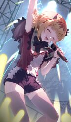 Rule 34 | 1girl, :3, absurdres, arm up, black bow, black bowtie, black shorts, blonde hair, blurry, blurry foreground, bow, bowtie, bracelet, capelet, closed eyes, cowboy shot, demon horns, fake horns, fang, frilled shirt, frills, glowstick, highres, holding, holding microphone, horns, idol, idol clothes, jewelry, light particles, mem-cho, microphone, multicolored hair, open mouth, oshi no ko, pola (1021), red capelet, red shirt, roots (hair), shirt, short hair, short sleeves, shorts, sidelocks, skindentation, solo, thighhighs, white thighhighs