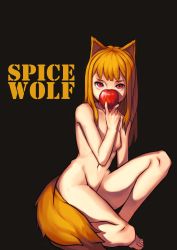 Rule 34 | 1girl, absurdres, animal ears, apple, bare shoulders, black background, blunt bangs, breasts, collarbone, commentary request, completely nude, copyright name, feet, food, fruit, hand up, highres, hime cut, holding, holding food, holding fruit, holo, korean commentary, long hair, looking at viewer, medium breasts, navel, nude, on one knee, orange hair, orange tail, red apple, red eyes, sidelocks, simple background, solo, spice and wolf, stoll (tmxhf), tail, thighs, wolf ears, wolf tail