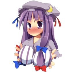 Rule 34 | 1girl, :&lt;, bad id, bad pixiv id, blush, breasts, ebiebiebio, female focus, glasses, hat, large breasts, long hair, patchouli knowledge, pillarboxed, purple eyes, purple hair, simple background, solo, touhou