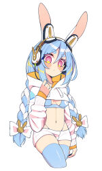 1girl absurdres animal_ears blue_bra blue_hair blue_panties blue_thighhighs blush bra braid breasts closed_mouth commentary cropped_hoodie cropped_legs drawstring english_commentary hair_between_eyes hair_ornament headphones headphones_for_animal_ears highleg highleg_panties highres hololive hood hood_down hoodie implied_extra_ears light_blue_hair long_hair long_sleeves looking_at_viewer medium_breasts multicolored_hair navel orange_hoodie panties pink_eyes rabbit-shaped_pupils rabbit_ears rabbit_girl short_eyebrows short_shorts shorts simple_background skindentation solo stomach symbol-shaped_pupils thick_eyebrows thighhighs twin_braids two-sided_hoodie two-tone_hair underwear unexistarts usada_pekora very_long_hair virtual_youtuber white_background white_hair white_hoodie white_shorts