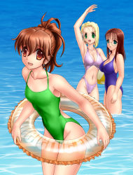Rule 34 | 3girls, ball, beachball, blonde hair, blue eyes, blue one-piece swimsuit, breasts, brown eyes, brown hair, cleavage, clothing cutout, glasses, green eyes, green one-piece swimsuit, innertube, large breasts, long hair, multiple girls, navel, navel cutout, nyo, one-piece swimsuit, open mouth, pink one-piece swimsuit, ponytail, short hair, swim ring, swimsuit, wading, water