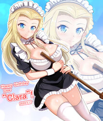 Rule 34 | 1girl, alternate costume, blonde hair, blue background, blue eyes, blush, breasts, broom, character name, clara (girls und panzer), cleavage, closed mouth, collarbone, dated, enmaided, girls und panzer, happy birthday, highres, holding, holding broom, kumaisao, large breasts, long hair, looking at viewer, maid, maid headdress, simple background, smile, solo, thighhighs, white thighhighs
