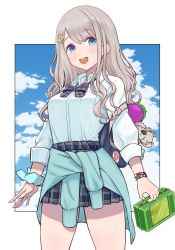 Rule 34 | alternate hair length, alternate hairstyle, backpack, bag, blue bag, blue bow, blue bowtie, blue eyes, blue skirt, blue sky, blue sweater, bow, bowtie, breast pocket, breasts, checkered clothes, checkered skirt, clothes around waist, cloud, commentary, day, dot nose, grey hair, gyaru, hair ornament, hairclip, highres, idolmaster, idolmaster shiny colors, light blue nails, light blush, long hair, long sleeves, looking at viewer, lunchbox, medium breasts, nail polish, open collar, open mouth, pocket, pom pom (clothes), scrunchie, serizawa asahi, shirt, skirt, skirt rolled up, sky, sleeves pushed up, smile, solo, stuffed koala, sukeroku (treeee), sweater, sweater around waist, teeth, thighs, upper teeth only, wavy hair, white shirt, wing collar, wrist scrunchie, wristband