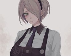 Rule 34 | 1girl, apron, black apron, breasts, closed mouth, collared dress, commentary request, danganronpa (series), danganronpa v3: killing harmony, dress, gloves, gradient background, green eyes, grey background, hair over one eye, highres, iumi urura, large breasts, long sleeves, looking at viewer, maid headdress, necktie, portrait, shirt, short hair, sketch, smile, solo, spider web print, tears, tojo kirumi, upper body