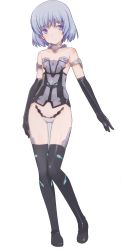 Rule 34 | 10s, 1girl, absurdres, bare shoulders, corset, detached collar, elbow gloves, frame arms girl, full body, gloves, gradient hair, highres, huge filesize, looking at viewer, materia (frame arms girl), materia kuro, multicolored hair, purple eyes, scan, scan artifacts, shimada fumikane, short hair, silver hair, simple background, solo, standing, thighhighs, transparent background, white background