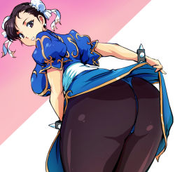 Rule 34 | 1girl, ass, blue dress, bracelet, breasts, brown eyes, brown hair, brown pantyhose, bun cover, capcom, china dress, chinese clothes, chun-li, clothes lift, commentary request, double bun, dress, dress lift, earrings, from behind, gold trim, hair bun, jewelry, kamisimo 90, looking at viewer, looking back, medium breasts, open mouth, pantyhose, pelvic curtain, presenting, puffy sleeves, sash, short sleeves, simple background, solo, spiked bracelet, spikes, standing, street fighter, thighs