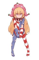 Rule 34 | 1girl, american flag dress, american flag legwear, blonde hair, bright pupils, clothes pull, clownpiece, dress pull, full body, gloves, hair between eyes, hat, highres, jester cap, legs apart, long hair, looking at viewer, neck ruff, pantyhose, pink hat, polka dot, red eyes, sleeves past elbows, solo, soya6479, standing, star (symbol), star print, tearing up, thick eyebrows, touhou, v arms, very long hair, white pupils