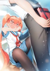 Rule 34 | 1boy, 1girl, black pants, black pantyhose, blurry, blush, box, commentary request, depth of field, gift, gift box, holding, holding gift, long hair, open mouth, out of frame, pants, pantyhose, red eyes, red hair, red neckwear, ryuji (ikeriu), school uniform, serafuku, shirt, short sleeves, sitting, twintails, ueno-san wa bukiyou, ueno (ueno-san wa bukiyou), valentine, very long hair, wavy mouth, white shirt