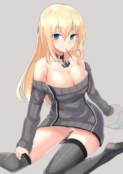 Rule 34 | 10s, 1girl, adapted costume, bare shoulders, bismarck (kancolle), blonde hair, blue eyes, blush, breasts, cleavage, food, food in mouth, grey background, grey thighhighs, highres, kantai collection, large breasts, long hair, off-shoulder, off-shoulder sweater, off shoulder, panties, pocky, simple background, sitting, solo, sweater, thighhighs, thighhighs pull, underwear, wariza, white panties, yoshizawa tsubaki