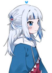 Rule 34 | 1girl, blue eyes, blue hair, blue hoodie, closed mouth, commentary, drawstring, from side, gawr gura, gawr gura (1st costume), grey hair, hair ornament, heart, highres, hololive, hololive english, hood, hood down, hoodie, long hair, looking away, multicolored hair, simple background, smile, solo, streaked hair, tosyeo, two side up, upper body, virtual youtuber, white background