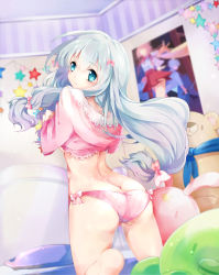 Rule 34 | 10s, 1girl, ass, bed, bed frame, blush, bow, bow panties, butt crack, ceiling, eromanga sensei, eyebrows, female focus, from behind, hair between eyes, hair bow, indoors, izumi sagiri, long hair, long sleeves, looking at viewer, looking back, low-tied long hair, on bed, pajamas, panties, pillow, pink pajamas, pink panties, poster (medium), silver hair, solo, star (symbol), striped clothes, striped panties, stuffed animal, stuffed toy, tengruoxiaoting, underwear, undressing, vertical stripes, wall