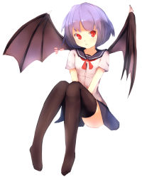 Rule 34 | 1girl, :t, alternate costume, bat wings, black thighhighs, highres, knees together feet apart, knees up, light purple hair, looking at viewer, no shoes, pout, red eyes, remilia scarlet, school uniform, serafuku, shone, short hair, short sleeves, simple background, sitting, solo, thighhighs, touhou, uu~, v arms, white background, wings