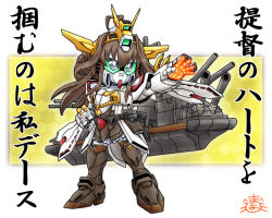 Rule 34 | 10s, 1girl, ahoge, antenna hair, armor, armored boots, bad id, bad pixiv id, boots, brown hair, cannon, crossover, full body, god gundam, gundam, headgear, kantai collection, kongou (kancolle), machinery, mayohi neko, mecha, mechanization, outstretched arm, purple eyes, robot, sd gundam, simple background, solo, turret, yellow background