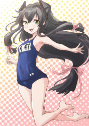 Rule 34 | 1girl, barefoot, black hair, blue one-piece swimsuit, breasts, commentary request, cowboy shot, fuji (pixiv24804665), green eyes, hair ribbon, headgear, highres, i-47 (kancolle), japanese flag, kantai collection, long hair, low-tied long hair, name tag, one-piece swimsuit, open mouth, polka dot, polka dot background, ribbon, round teeth, school swimsuit, sidelocks, small breasts, smile, solo, swimsuit, teeth, tress ribbon, upper teeth only