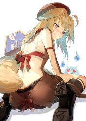 Rule 34 | 1girl, animal ears, ass, beret, blonde hair, blue hair, blush, brown footwear, brown shorts, clenched teeth, commentary request, copyright request, from behind, hat, highres, kakage, looking at viewer, multicolored hair, purple eyes, shorts, simple background, sitting, smile, solo, tail, teeth, two-tone hair, virtual youtuber, white background