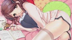 Rule 34 | 1girl, amagami, ass, bed, between legs, book, breasts squeezed together, breasts, brown eyes, brown hair, cleavage, coffee, food, hair ribbon, hand between legs, heart, large breasts, looking at viewer, lying, nakata sae, on bed, on side, open book, pastry, pen, pillow, ribbon, smile, solo, sumeragi kohaku, sweater, thighhighs, thighs, twintails, white thighhighs