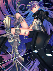 Rule 34 | 1girl, black jacket, blue eyes, blue ribbon, closed mouth, cropped jacket, fate/extra, fate/extra ccc, fate/grand order, fate (series), gradient hair, hair ribbon, high collar, highres, jacket, juliet sleeves, knee up, light blush, light particles, long hair, long sleeves, looking at viewer, meltryllis (fate), multicolored hair, prosthesis, prosthetic leg, puffy sleeves, purple hair, revealing clothes, ribbon, sleeves past fingers, sleeves past wrists, smile, solo, spikes, sunanogimo, very long hair, wide sleeves