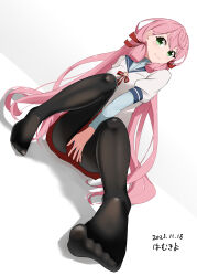 Rule 34 | 1girl, absurdres, akashi (kancolle), artist name, black pantyhose, blunt tresses, breasts, commentary request, dated, feet, foot focus, hair ribbon, hamukiyo, highres, kantai collection, layered sleeves, long hair, long sleeves, looking at viewer, medium breasts, pantyhose, pink hair, pleated skirt, ribbon, sailor collar, shadow, shirt, simple background, skirt, solo, tress ribbon, very long hair, white background