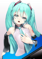 Rule 34 | 1girl, aqua eyes, aqua hair, aqua nails, aqua necktie, bad id, bad pixiv id, collared shirt, commentary, detached sleeves, gradient background, grey shirt, hand on own chest, hand up, hatsune miku, highres, long hair, looking at viewer, microphone, monitor, nail polish, necktie, parted lips, pointing, pointing at self, rsk (tbhono), shadow, shirt, sleeveless, sleeveless shirt, solo, through medium, through screen, twintails, upper body, vocaloid