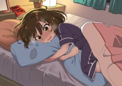 Rule 34 | 1girl, aged down, armband, unworn armband, bed, bed sheet, bedroom, blanket, blue pajamas, blush, breath, brown eyes, brown hair, commentary request, curtains, embarrassed, flower pot, full-face blush, hotaru iori, hugging object, indoors, kiss day, lying, on bed, on side, open mouth, pajamas, paperclip, picture frame, pillow, pillow hug, plant, potted plant, red armband, second-party source, short sleeves, solo, stuffed toy, suzumiya haruhi, suzumiya haruhi no yuuutsu, sweat, wavy mouth, window