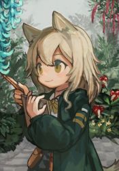 Rule 34 | 1girl, animal ears, arknights, bow, bowtie, brown hair, buchi0122, clipboard, commentary, dog ears, dog girl, dog tail, flower, green jacket, highres, holding, holding clipboard, holding pen, jacket, long hair, open clothes, open jacket, pen, plant, podenco (arknights), smile, solo, tail, upper body, yellow bow, yellow bowtie, yellow eyes
