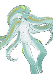 Rule 34 | 1girl, brown eyes, female focus, flat chest, highres, monster girl, no nipples, nude, null (null man), original, shiny skin, simple background, solo, tentacles, white background