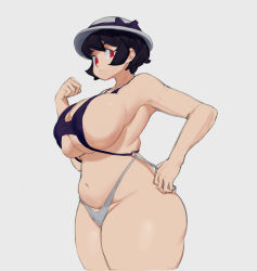 Rule 34 | 1girl, absurdres, adjusting clothes, adjusting swimsuit, black hair, breasts, cowboy shot, filia (skullgirls), grey background, hair up, hand up, hat, highres, huge breasts, krid, large breasts, looking at viewer, looking down, navel, plump, red eyes, short hair, sideboob, skullgirls, slingshot swimsuit, solo, swimsuit, thick thighs, thighs