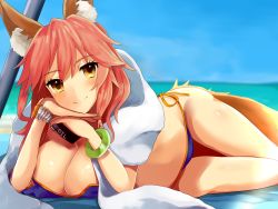 Rule 34 | 1girl, animal ears, bad anatomy, bikini, blue bikini, blush, breasts, cleavage, fate/grand order, fate (series), fox ears, fox tail, guricoogen, highres, large breasts, long hair, looking at viewer, lying, ocean, on side, pink hair, solo, swimsuit, tail, tamamo (fate), tamamo no mae (fate/extra), tamamo no mae (swimsuit lancer) (fate), yellow eyes
