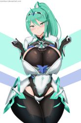 Rule 34 | 1girl, armor, blush, breasts, cleavage, commission, curvy, elbow gloves, gem, gloves, green eyes, green hair, hair ornament, headpiece, highres, jewelry, kainkout, large breasts, long hair, looking at viewer, neon trim, nintendo, pneuma (xenoblade), ponytail, simple background, smile, solo, spoilers, swept bangs, thighhighs, tiara, very long hair, white background, xenoblade chronicles (series), xenoblade chronicles 2
