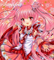 Rule 34 | 1girl, :d, breasts, cherry blossoms, detached sleeves, embellished costume, flower, frilled shirt, frilled shirt collar, frilled skirt, frilled sleeves, frills, hair flower, hair ornament, hair ribbon, hand up, hatsune miku, holding, holding flower, long hair, long sleeves, looking at viewer, marker (medium), necktie, open mouth, pink flower, pink hair, pink skirt, pink sleeves, red eyes, red necktie, red ribbon, ribbon, rui (sugar3), sakura miku, sample watermark, shirt, skirt, sleeveless, sleeveless shirt, small breasts, smile, solo, traditional media, twintails, upper body, vocaloid, watermark, white shirt, wide sleeves
