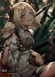 Rule 34 | 1girl, arknights, blonde hair, blush, breasts, character name, expulse, grin, ifrit (arknights), looking at viewer, nail polish, orange eyes, parted bangs, red nails, sitting, small breasts, smile, solo, tail, twintails