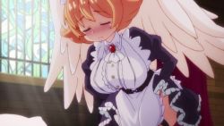 Rule 34 | 1girl, animated, anime screenshot, apron, bed, bed sheet, bent over, bird legs, blush, breasts, egg, egg laying, harpy, highres, ishuzoku reviewers, large breasts, maid, maid headdress, meidri, moaning, monster girl, orange hair, panties around leg, pussy juice, pussy juice trail, red eyes, screencap, sheet grab, short hair, solo, sound, tagme, thigh strap, video, wings