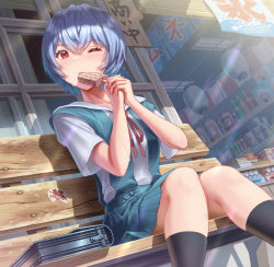 Rule 34 | 1girl, ayanami rei, bench, black socks, blue hair, blush, bottle, breasts, dot nose, food, from below, highres, instant ramen, logo, neon genesis evangelion, nerv, nissin cup noodle, on bench, one eye closed, open mouth, outdoors, popsicle, red eyes, school uniform, shop, short hair, sitting, socks, tokyo-3 middle school uniform, translation request, uniform, yahha