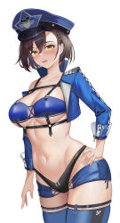 Rule 34 | 1girl, absurdres, azur lane, baltimore (azur lane), baltimore (finish line flagbearer) (azur lane), bikini, black bikini, blue bikini, blue footwear, blue hat, blue jacket, blue shorts, blush, boots, braid, breasts, brown hair, chest harness, chinese commentary, choker, cleavage, collarbone, commentary request, cowboy shot, cropped jacket, detached sleeves, french braid, groin, hair between eyes, hand on own hip, harness, hat, highleg, highleg bikini, highres, jacket, large breasts, looking at viewer, micro shorts, mismatched bikini, navel, official alternate costume, open mouth, peaked cap, race queen, short hair, shorts, sidelocks, simple background, single bare shoulder, single detached sleeve, single sleeve, skindentation, solo, standing, stomach, swimsuit, teeth, thigh boots, underboob, upper teeth only, white background, xue wu, yellow eyes