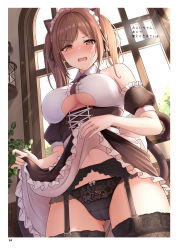 Rule 34 | 1girl, animal ears, bare shoulders, black panties, black ribbon, blush, breasts, brown hair, cat tail, clothes lift, commentary request, cowboy shot, day, detached sleeves, dress, dress lift, embarrassed, fangs, framed breasts, frilled sleeves, frills, from below, garter straps, gluteal fold, hair ribbon, highres, indoors, lace, lace-trimmed legwear, lace-trimmed panties, lace trim, large breasts, lifting own clothes, looking at viewer, looking down, maid, maid headdress, monaka curl, navel, open mouth, orange eyes, original, panties, partial commentary, puffy sleeves, ribbon, ringed eyes, sidelocks, solo, standing, sunlight, swept bangs, tail, thighhighs, thighs, two side up, underwear, v-shaped eyebrows, window