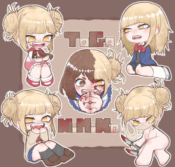 Rule 34 | 1girl, aged down, animal, ass, bird, blonde hair, blood, blood on face, bloody knife, blue skirt, blunt bangs, boku no hero academia, bow, bowtie, breasts, bright pupils, brown background, brown cardigan, brown eyes, brown hair, cardigan, chibi, commentary request, dead animal, double bun, fangs, full body, hair bun, hair down, hand to own mouth, highres, holding, holding animal, holding bird, holding knife, inukai (inuuowoukai), knife, long sleeves, looking at viewer, messy hair, multiple views, nude, open mouth, outline, own hands together, pink skirt, pleated skirt, red bow, red bowtie, red footwear, school uniform, serafuku, simple background, sitting, skirt, slit pupils, smile, teeth, toga himiko, transformation, uraraka ochako, white outline, white pupils, yellow eyes