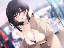 Rule 34 | 1girl, black hair, blurry, blurry background, bra, bra slip, breasts, brown jacket, brown skirt, cleavage, collarbone, ear piercing, hair between eyes, hand in own hair, highres, indoors, jacket, large breasts, leaning forward, looking at viewer, lower teeth only, medium hair, mole, mole under mouth, navy (navy.blue), non-web source, open mouth, original, piercing, purple bra, purple eyes, shirt, shop, skirt, smile, solo, teeth, underwear, white shirt