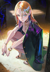 Rule 34 | 1girl, absurdres, black coat, blonde hair, blue eyes, bracelet, cigarette, coat, coat on shoulders, ear piercing, earrings, hair ornament, hairclip, high heels, highres, holding, holding cigarette, jewelry, mole, mole under eye, nababa, nail polish, necklace, original, piercing, ring, smoke, smoking, solo, squatting, tobacco