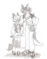 Rule 34 | 2girls, animal ear fluff, animal ears, ankle socks, bag, body fur, cat, cat ears, cat girl, cat tail, closed mouth, commentary request, cropped shirt, dog ears, dog girl, dog tail, dress, full body, furry, furry female, greyscale, hand on own hip, hand up, highres, holding, holding bag, holding phone, long hair, long sleeves, looking at another, low twintails, monochrome, multiple girls, neck ribbon, oji (norahasu), open mouth, original, pants, phone, platform footwear, puffy long sleeves, puffy sleeves, rata (norahasu), ribbon, sandals, short dress, short sleeves, shoulder bag, siamese cat, simple background, socks, standing, tail, tiara (norahasu), twintails, whiskers, white background
