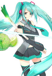 Rule 34 | 1girl, ankopantsu, aqua eyes, aqua hair, cutting, detached sleeves, food, fruit, hatsune miku, headset, highres, long hair, melon, necktie, simple background, skirt, solo, spring onion, thighhighs, twintails, vocaloid, white background