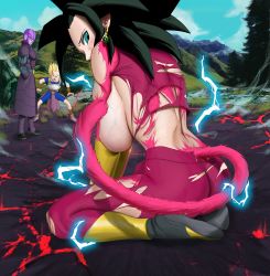 Rule 34 | 1girl, 2boys, artist request, black hair, breasts, cabba, clothes, dragon ball, dragon ball super, ear piercing, highres, hit (dragon ball), huge breasts, kefla (dragon ball), looking back, medium hair, multiple boys, nipples, piercing, source request, tail, torn clothes, veins, veiny breasts